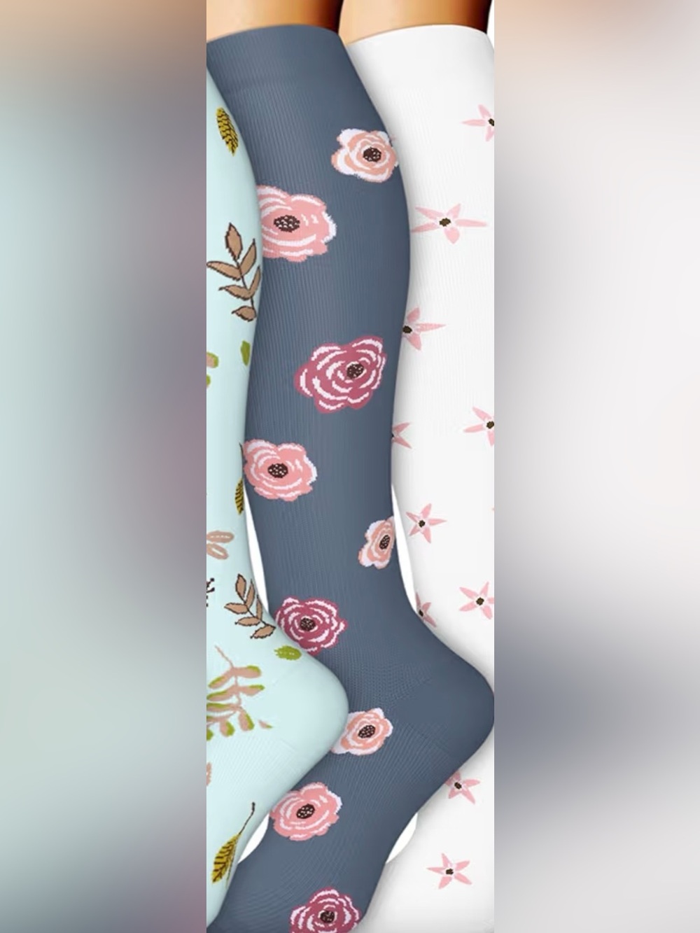 Floral Knee-High Compression Socks - Pink Rose on Navy Blue